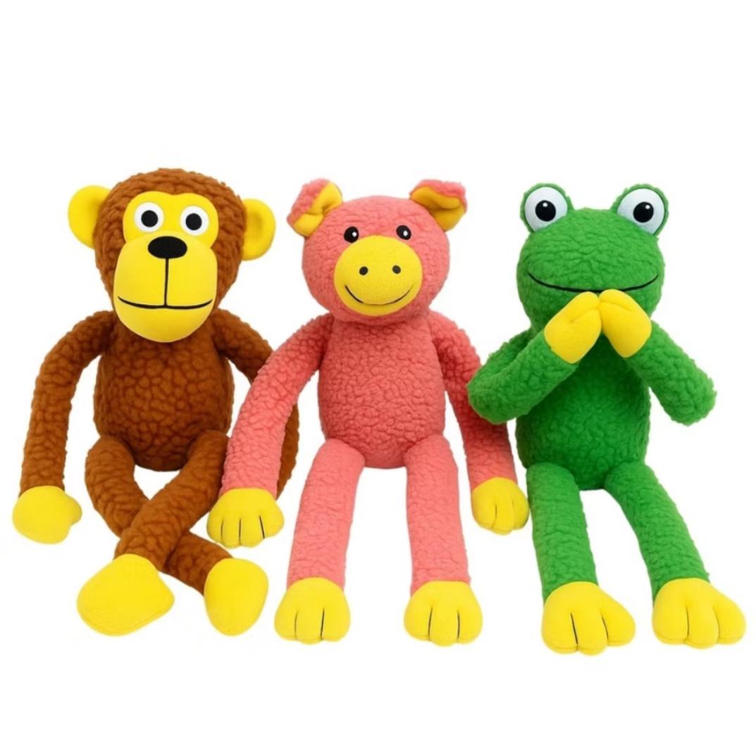 Kit 3 Brinquedo de Cachorro Pelúcia Mordedor Macaco Sapo Porco Pet com Apito Som Bordado Interativo