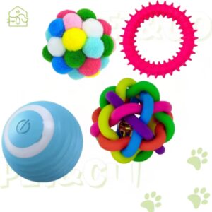 Kit Interativo para Cães Pequenos e Gatos com Bola Sino, Pelúcia, Mordedor e Automática