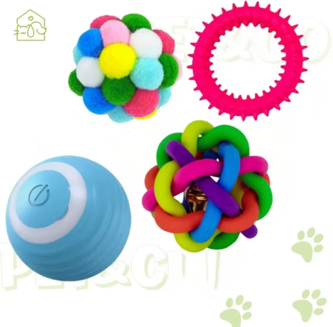 Kit Interativo para Cães Pequenos e Gatos com Bola Sino, Pelúcia, Mordedor e Automática